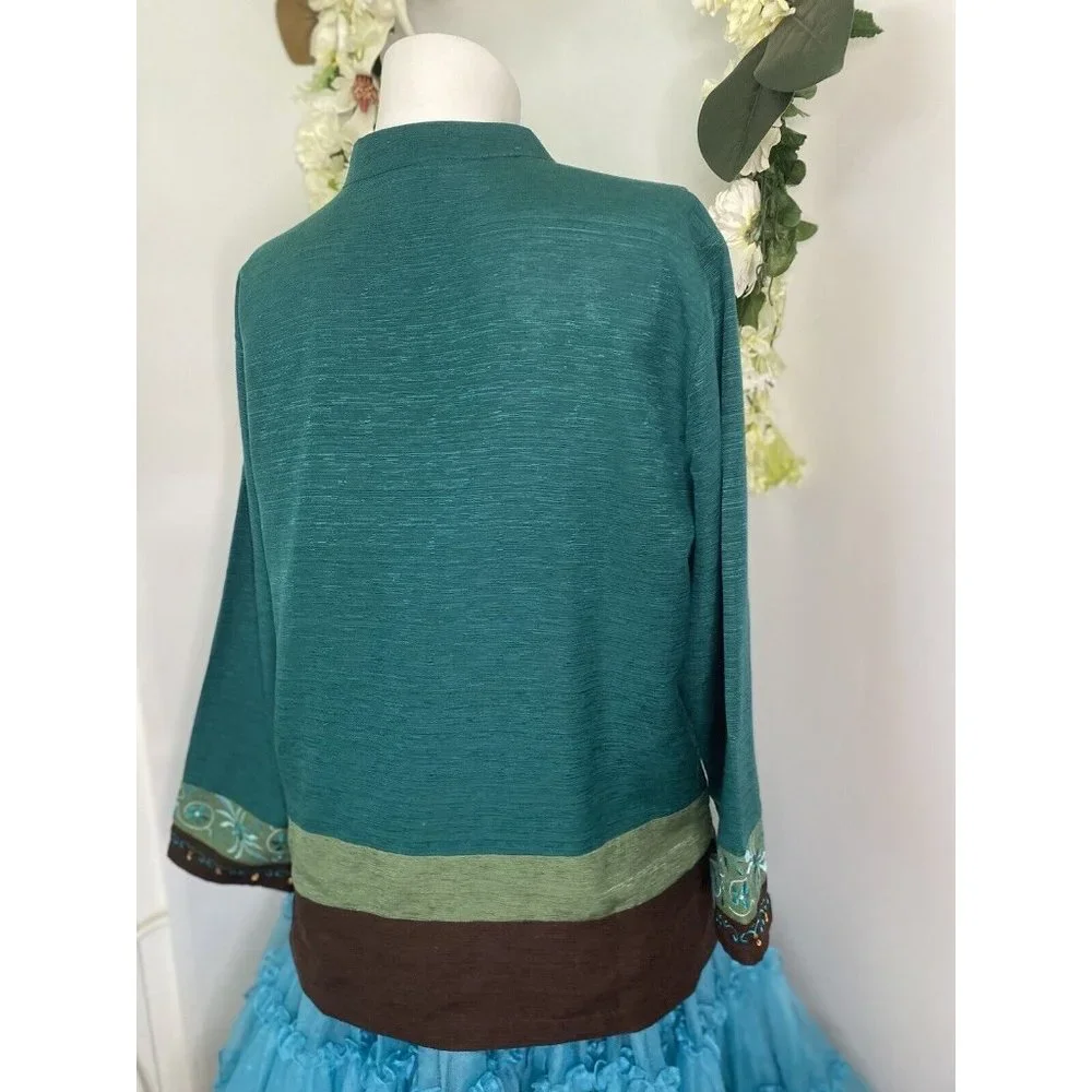 Erin London Womens L Silk Button Down Embroidered Jacket Blazer Green Vintage - Picture 4 of 16